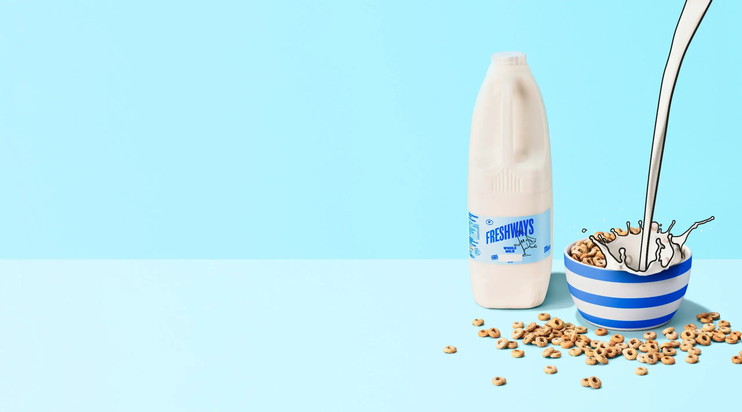 A bowl of cereal with Freshways milk being poured in