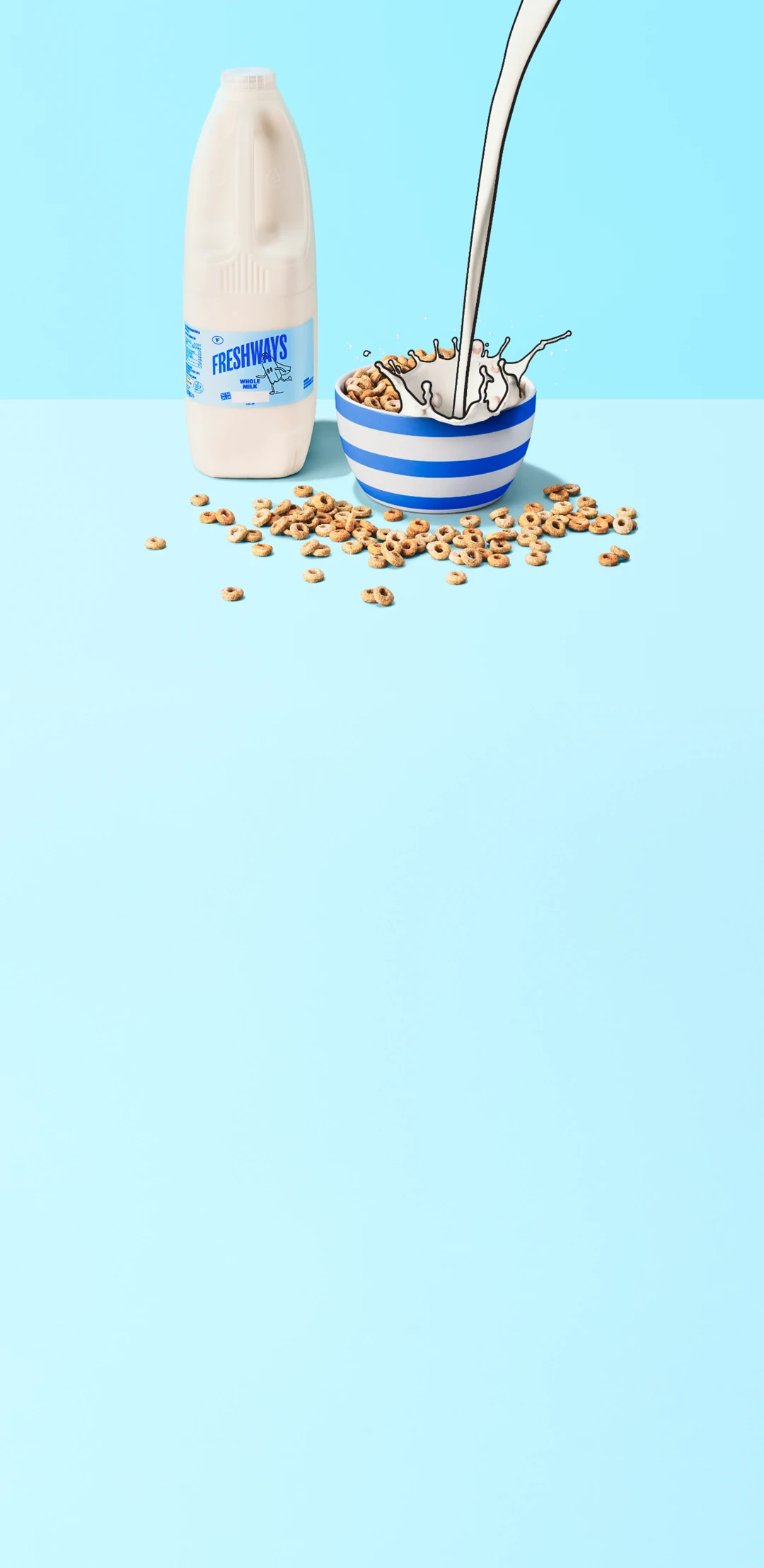 A bowl of cereal with Freshways milk being poured in